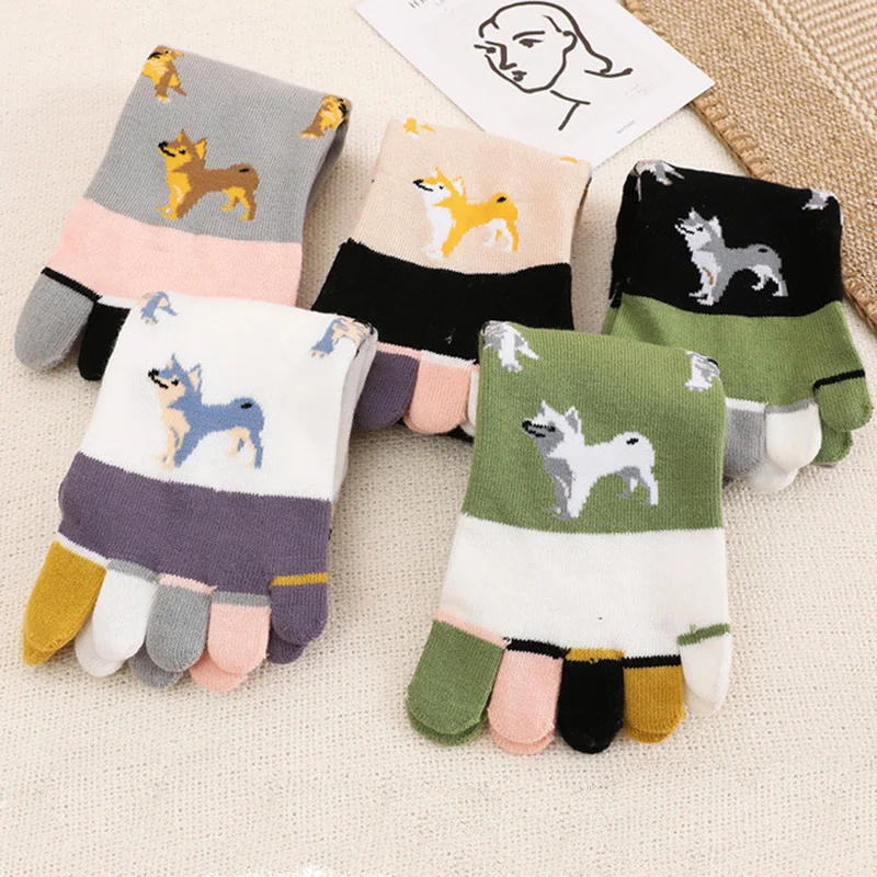 

New Five-toe Socks Women Middle Tube Cartoon Animal Dog Print Sweat Absorbing Breathable Quality Cotton Lovely Harajuku Style