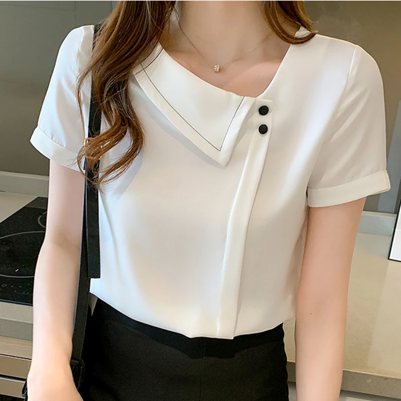 

Elegant Short Sleeve Women Shirt 2022 Summer Korean Fashion Woman Clothing Button White Chiffon V Neck Blouse Ladies Top Femme