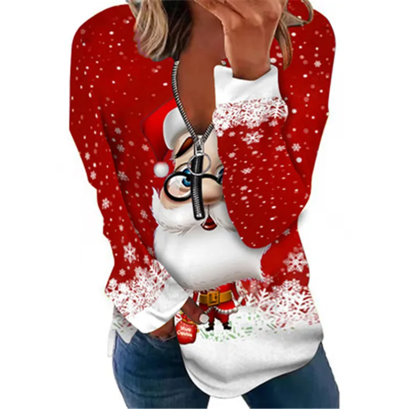 

Long Sleeve Zipper Splice Hoodies Cartoon Santa Claus Print Pullover Tops Women Casual Loose Sweatshirt Fashion Gradient Hoodies