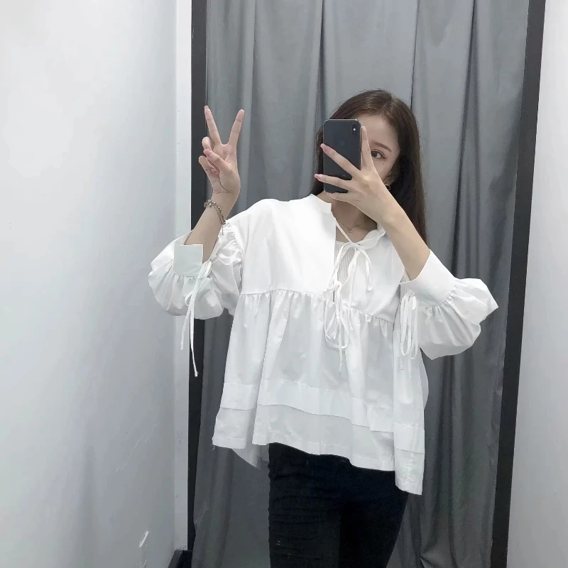 Женские Элегантные повседневные свободные блузки с бантиком и завязками рубашки