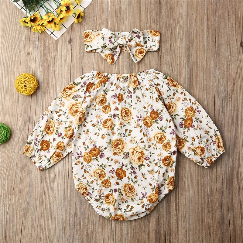 Flowers Cute Outfits Overalls Fashion Lovely Newborn Baby Girl Fall Spring Clothes Floral Bodysuit Jumpsuit Headband Set | Детская