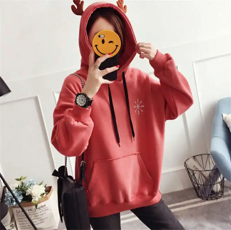 pink hoodie Олень Рог Худи Свитшот Спортивная Кофта С Рог Одноцветный Сплошной Цвет Простой Снежинка Буква Вышивка Кофта С Капюшоном Карман Кенгуру Женщина Повседневный Уличный Стиль Толстовка Капюшон Белый Желтый Красный - Цвет: pink hoodie
