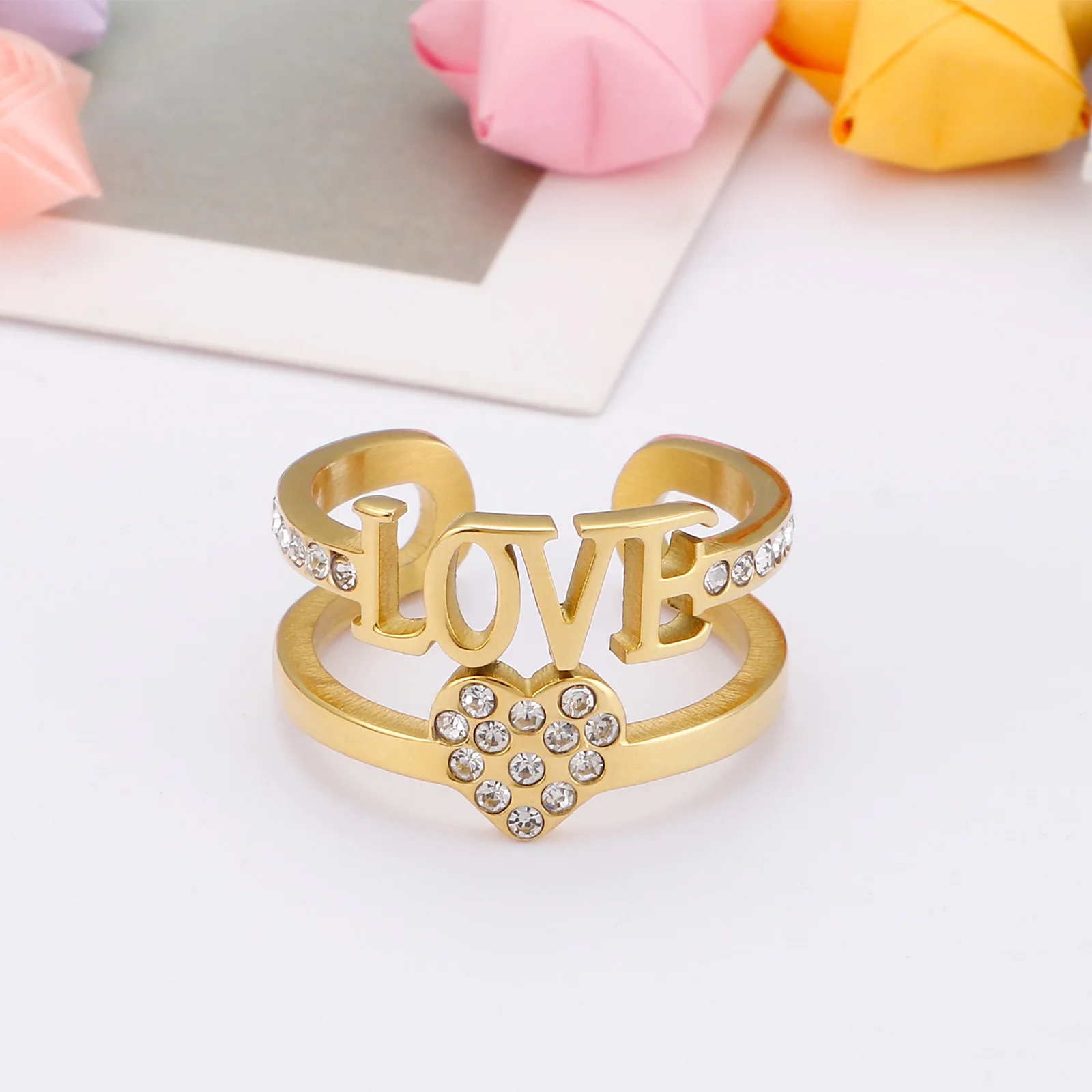 

Stainless Steel Open Rings For Women Gold Color Heart Wedding Band Fashion Rhinestone Jewelry Gift