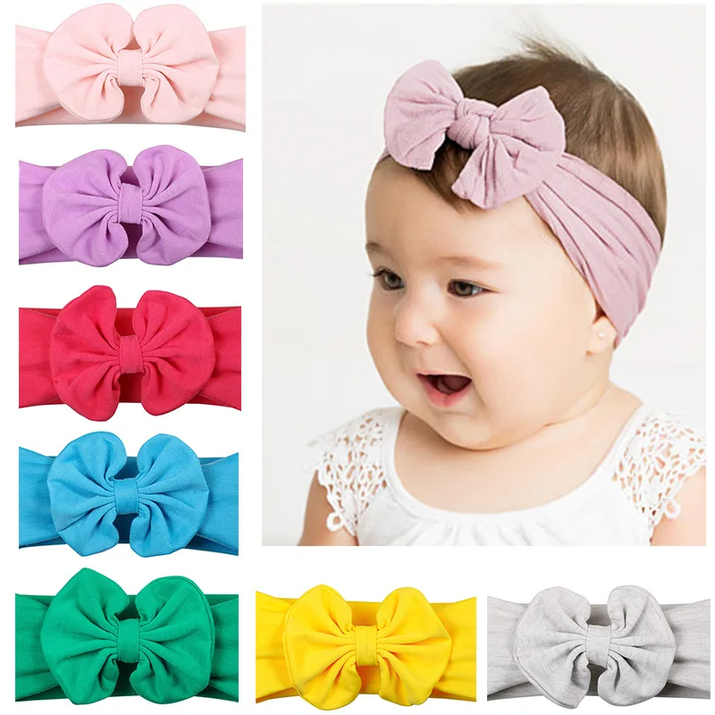 

Newborn Nylon Headwraps Soft Turban Boho Baby girls Bow Headbands Kids Knot Hairband wide bebes Handmade Solid Stretch Hairband
