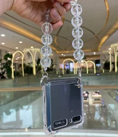 diy transparent large beads crystal bracelet hand chain case cover for samsung galaxy z flip 3 portable shockproof handbag case