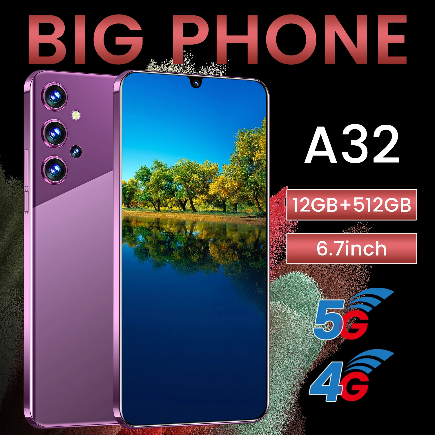 

Global Version A32 HD Smartphone Cost-effective 6000mAh 6.7-inch 12+512GB 24MP+50MP Fingerprint Face Unlock 10 Core Mobile Phone