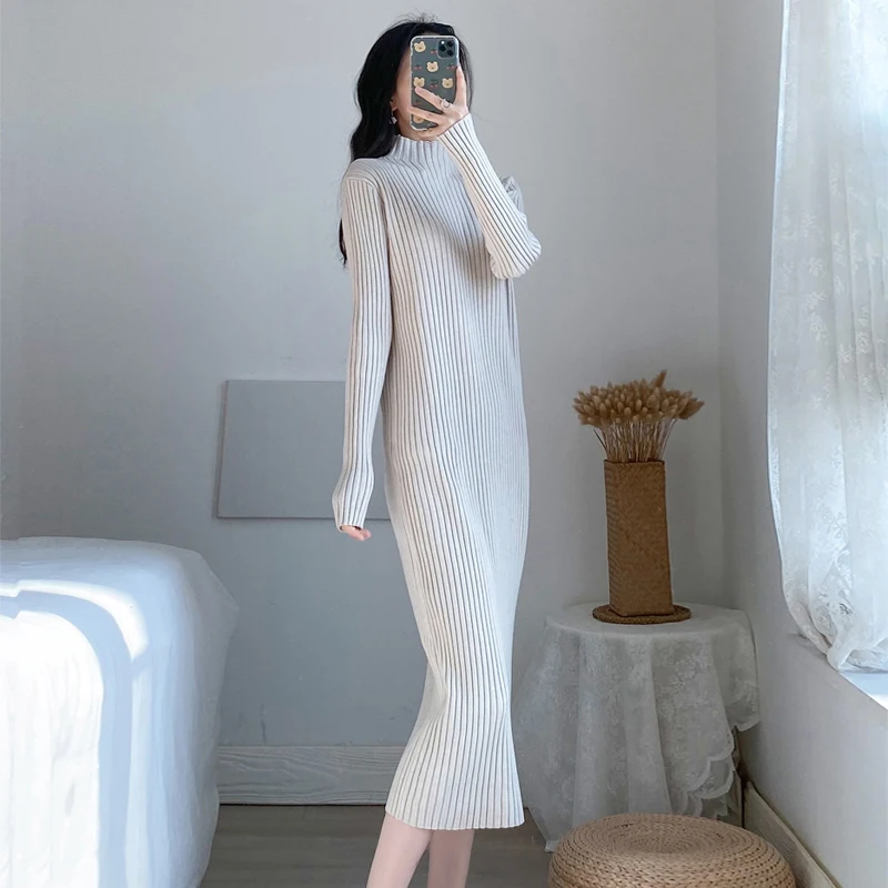 

Long Sweater Dress Loose over Knee Idle Style Thickened Inner Wear Base Knitting Dress Female Autumn and Winter Black Dress