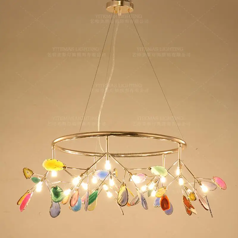 Большой натуральный Агат ломтик Золотая люстра красный оранжевый серый