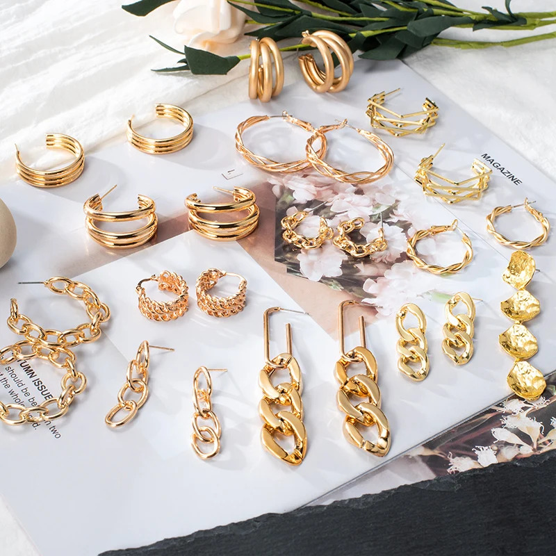 

2021 New Statement Fashion Stainless Steel Earrings Chain Pendant Gold Earrings For Women Jewelry Punk Retro Hot Selling Jewelry