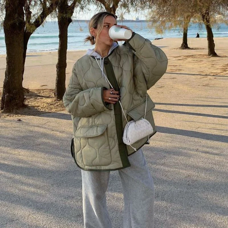 

Winter Warm Loose Coat for Women Pocket Argyle All-Match Ins Fashion Jacket Solid Color Female Single Breasted Parkas Clothes