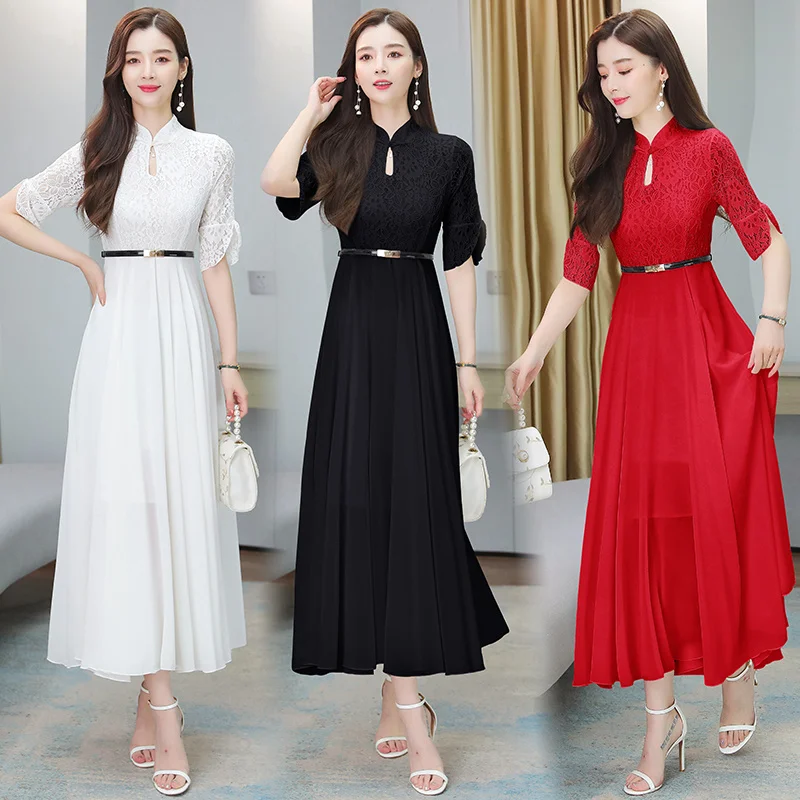 

2021 Summer Fashion Women Boho Dress Short Sleeve Elegant Bodycon Midi Long Lace Dresses Plus Size White Vintage M-4XL Vestidos