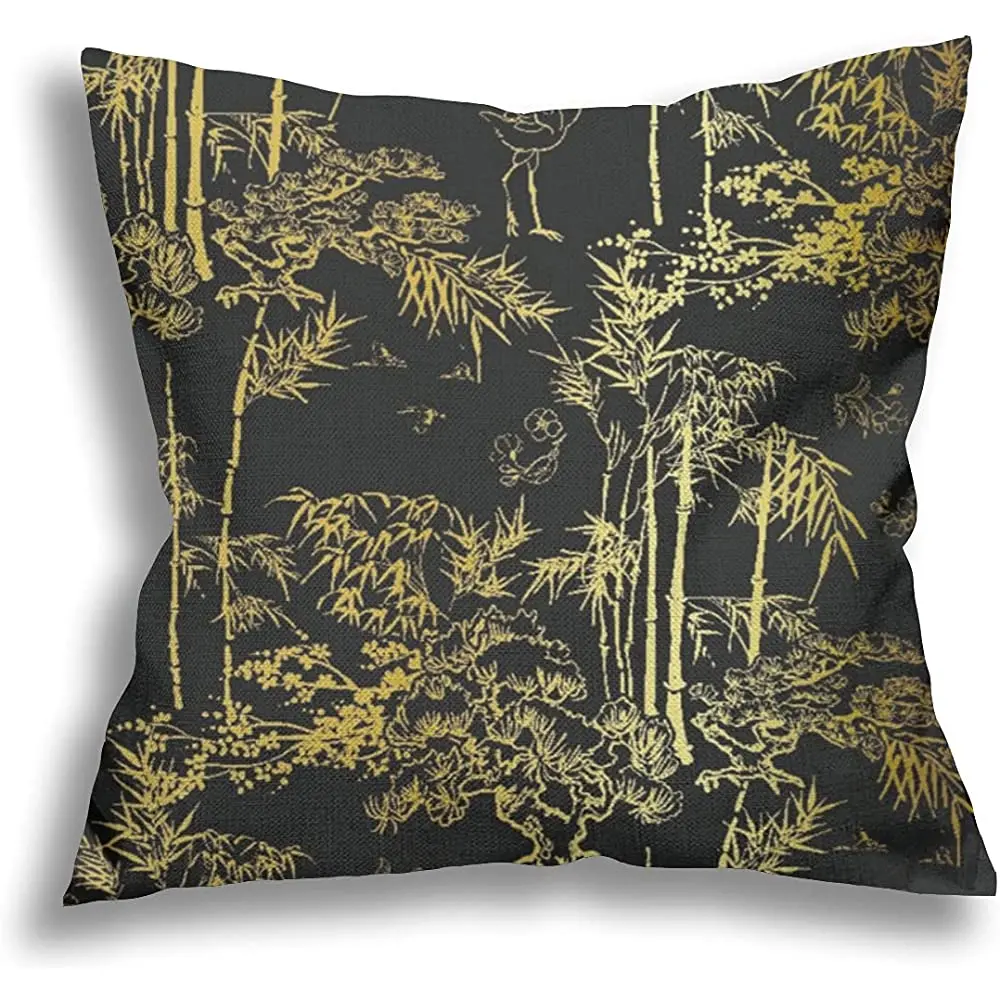 

Наволочки для диванных подушек с бамбуковыми птицами, журавлем, деревом, с японским китайским узором, золотистые, черные наволочки для поду...