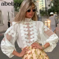 white elegant embroidery womens shirt scarf collar lantern sleeve female shirts clothing autumn fashion new