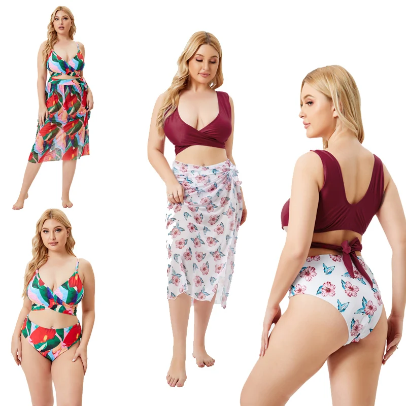 

2021 Women's Bikini Set Three Pieces Swimsuits Flower Print Cross V Neck Bikini Large Size 5XL Summer Female Swimwear Beachwear