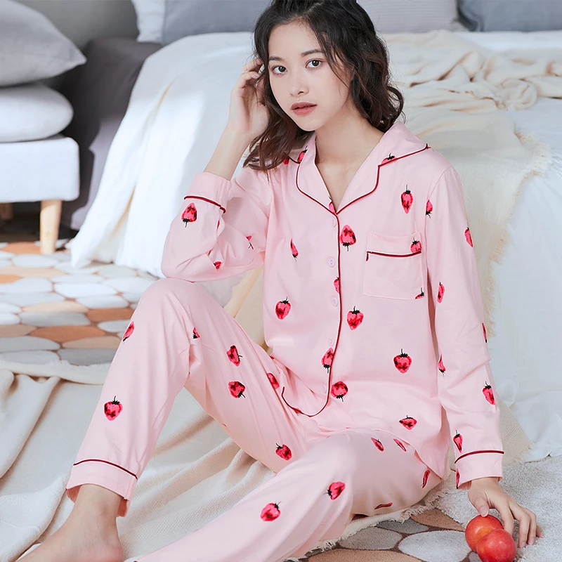 Autumn 100% Cotton Pajamas for Women 2020 Winter Pijamas 2PCS Lounge Sleepwear for Ladies PJ 100 Cotton Pyjama Blue Leisure Wear