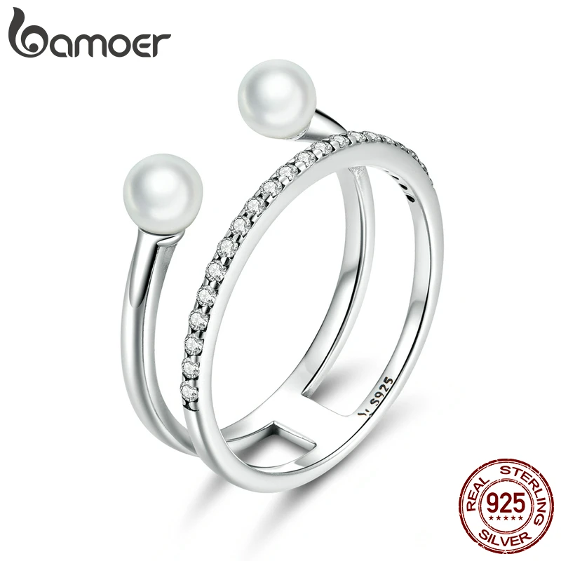 

bamoer Authentic 925 Sterling Silver Geometric Shell Beads CZ Pendant Finger Rings for Women Engagement Statement Jewelry SCR668