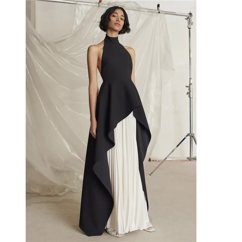 

Модное Длинное Бандажное платье с открытой спиной, сексуальное платье-футляр без рукавов с лямкой на шее, вечерние платья, плиссированные юбки с высокой талией для ночного клуба, черные и белые