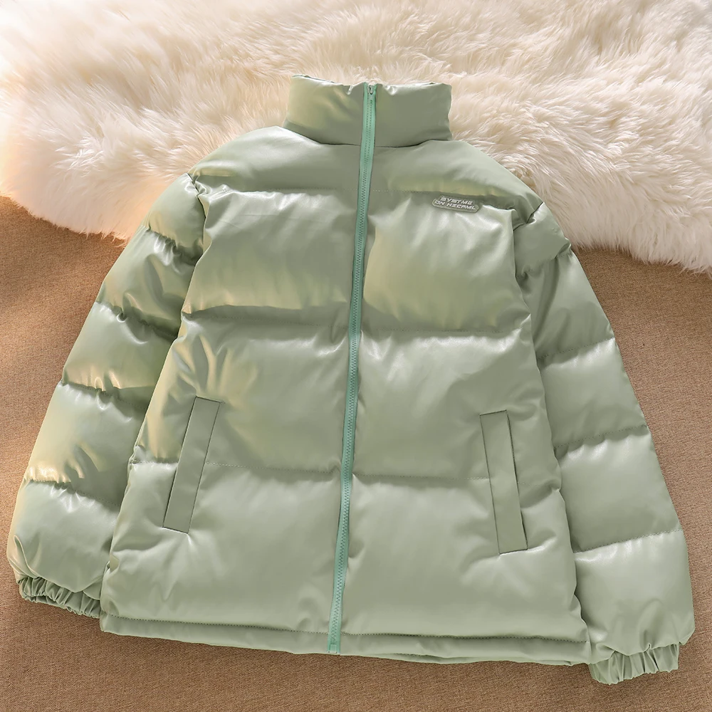 

Winter Causal Loose Thick Parkas Warm Cotton Coat Women PU Leather Coats Ladies Elegant Zipper Green Jackets Down Cotton Coat
