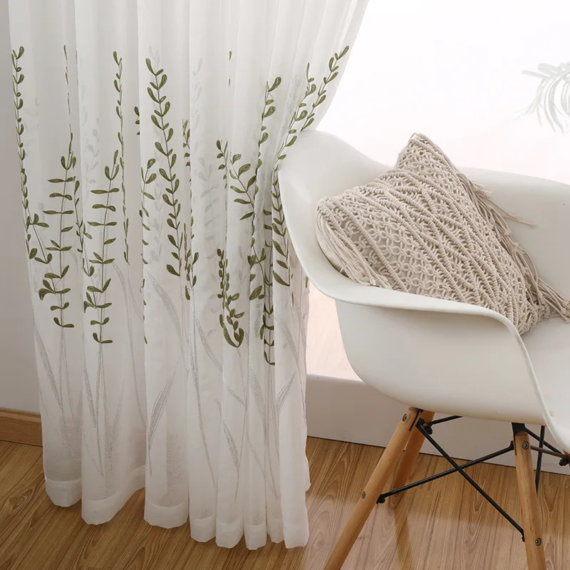 

American Simple New Green Leaf Embroidered Curtain Pure White Tulle Balcony Bay Window Curtains for Living Dining Room Bedroom