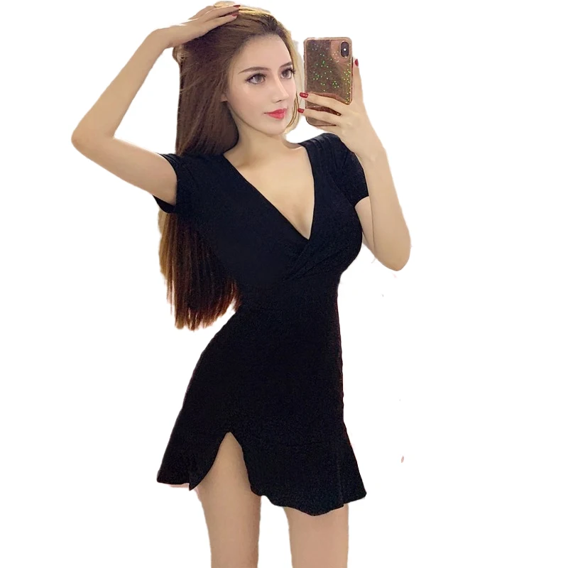 Женское облегающее мини-платье с высокой талией черное платье V-образным вырезом