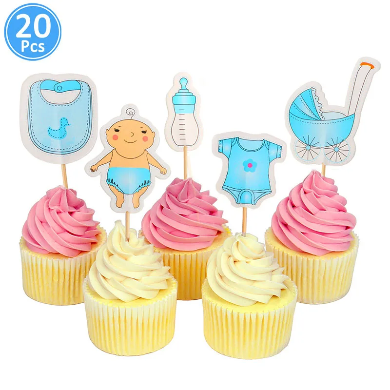 20pcs blue topper Милая бумага со слоном торт кекс топперы для детского душа украшения его девочка мальчик Babyshower вечерние принадлежности пол раскрыть - Цвет: 20pcs blue topper