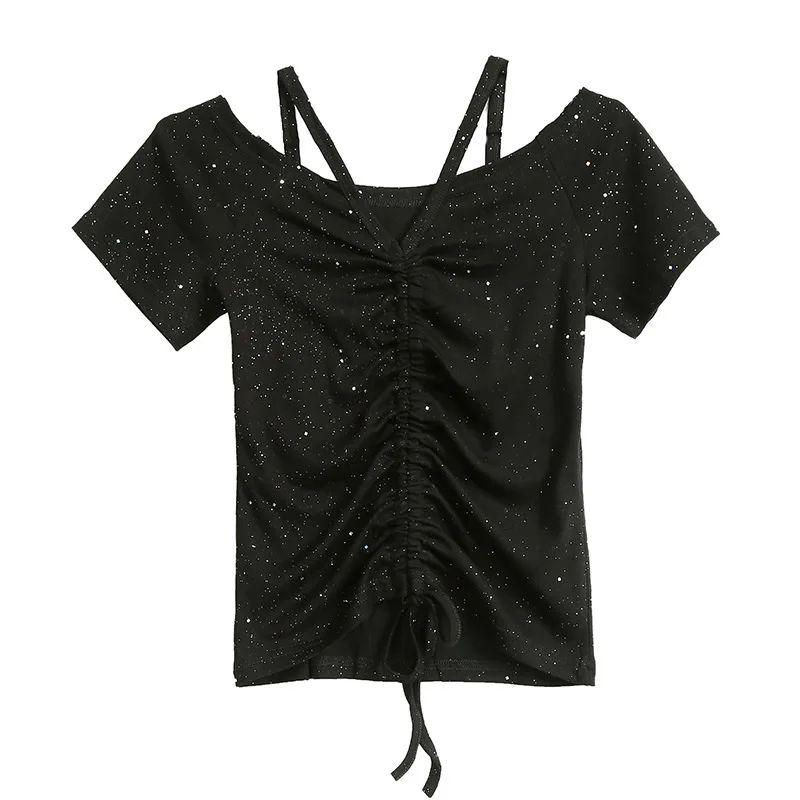 

LIBERJOG Woman T Shirts Sexy Pullover Stretch Knitting Short Sleeve Slim Drawstring Halter V-neck Tops Female Spring Summer