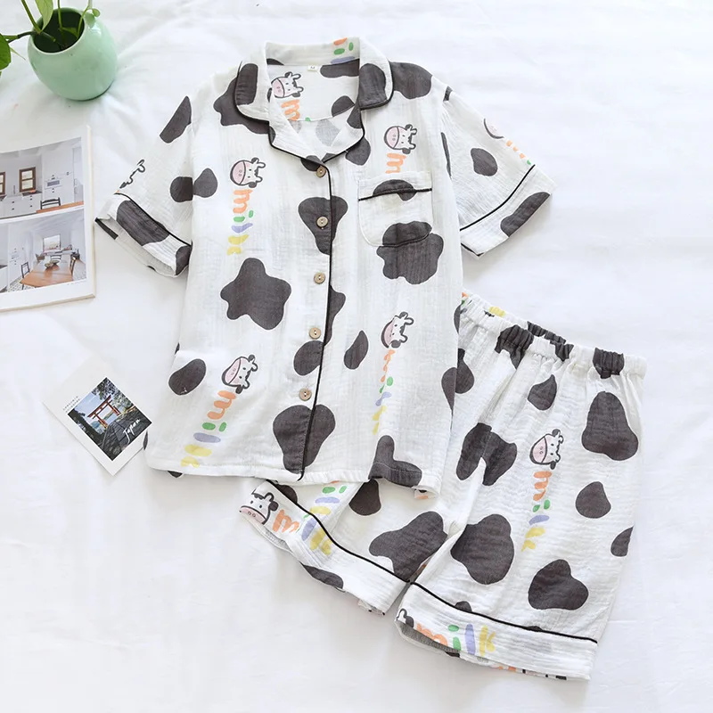 

2021 Ladies Soft Pajama Sets Cow Printed Cartoon Women's Sleepwear Crepe Cotton Double Layer Gauze Button Down Female Pyjamas