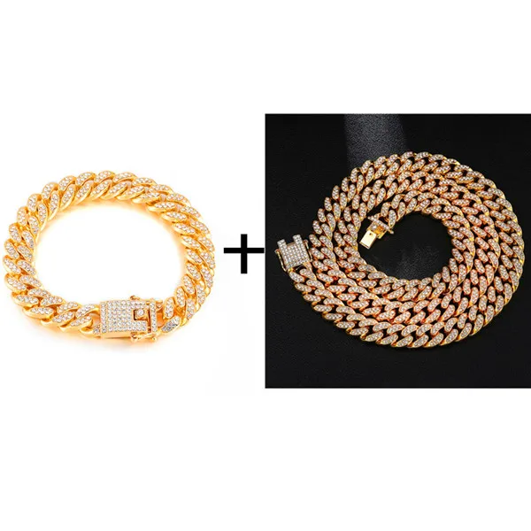 Gold Chain Bracelet Ожерелье в стиле хип-хоп+ часы+ браслет, полностью вымощенные стразы, кубинская цепочка в стиле кантри, золото, CZ, побрякушка для Мужчин, Ювелирные изделия - Окраска металла: Gold Chain Bracelet