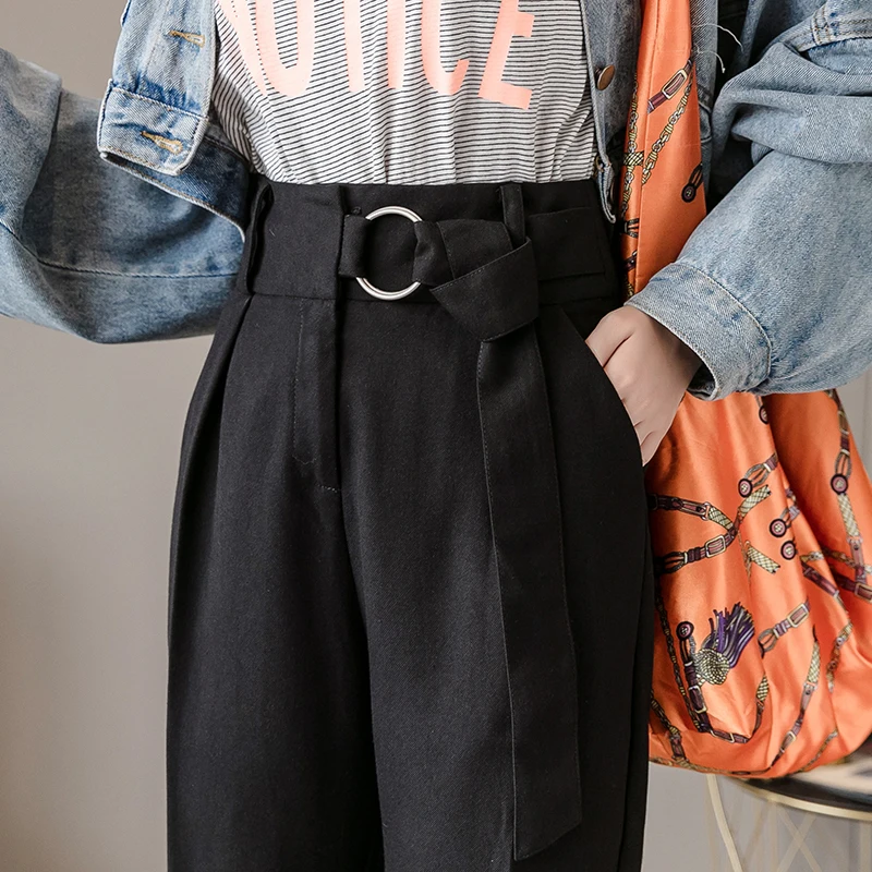 Женские повседневные Прямые брюки с высокой талией винтажные черные офисные