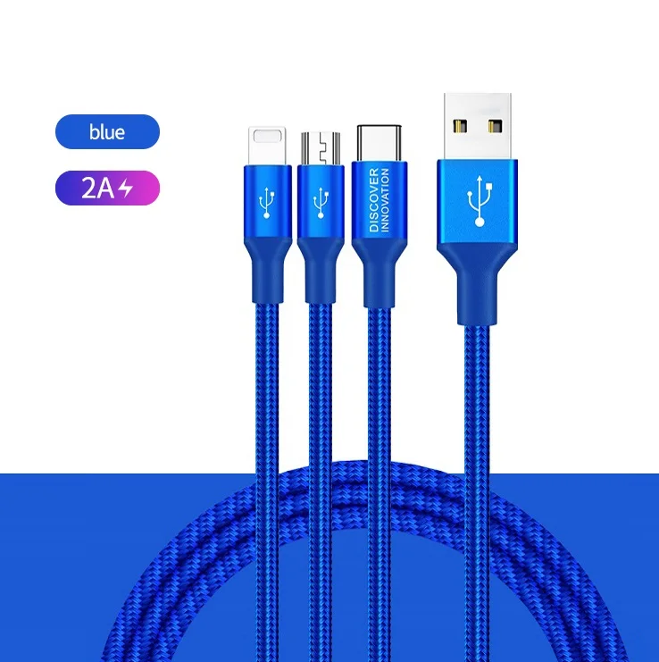 3 in 1 Cable Blue 2A Нейлоновый Плетеный Универсальный 3 в 1 usb зарядный кабель адаптер для iOS для iPhone usb type C Micro USB разъем для Xiaomi OnePlus - Цвет: 3 in 1 Cable Blue 2A