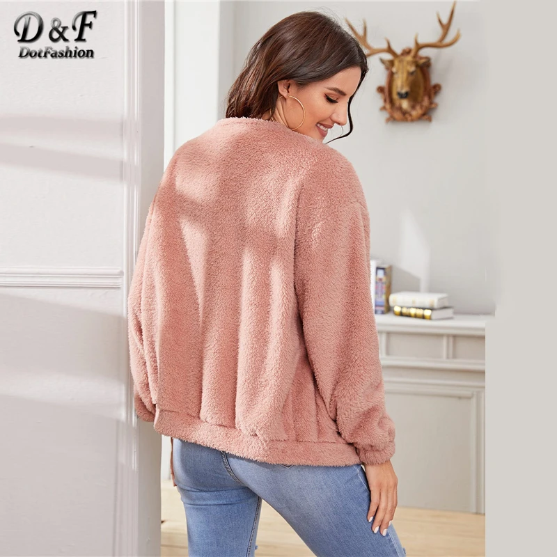 Dotfashion Розовый Повседневный плюшевый теплый жакет для женщин осень двойной карман деталь на молнии куртки дамы розовый сладкий пиджаки