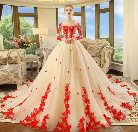 picture color Роскошные бальные Свадебные платья с часовым шлейфом Vestido De Noiva Princesa красный орнамент жемчуг длинный рукав платье невесты - Цвет: picture color