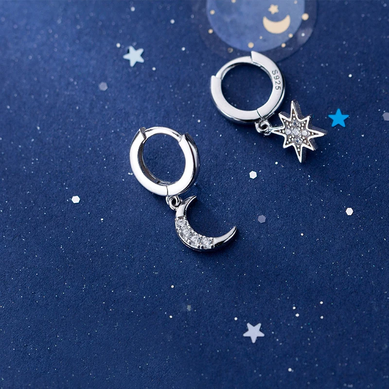 Женские серьги-кольца из серебра 100% пробы с Луной и звездами