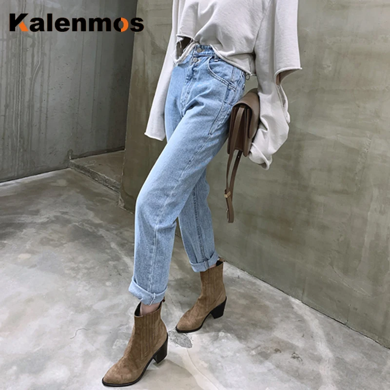 

Denim Pants Women High Waist KALENMONS Washed Jeans Pocket Bleached Summer Casual Trousers 2020 Baggy Work Jean Women Vintage