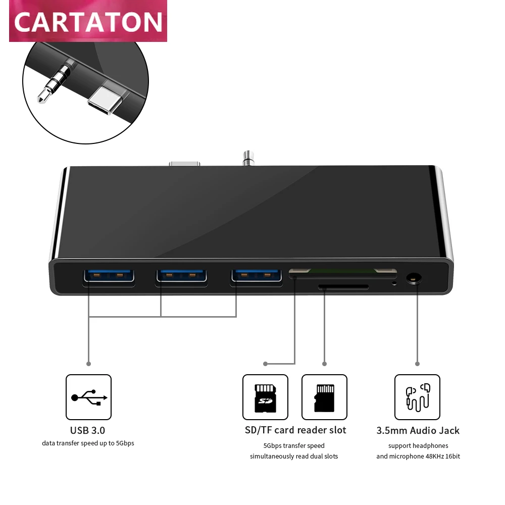 

Cartaton multi usb port hub 3.5mm audio Jack card reader usb hub 3.0 for Surface