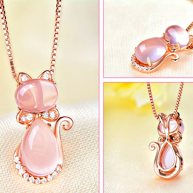 Korean version Necklace plated rose gold natural Ross quartz powder crystal cat women's Pendant clavicle chain jewelry necklaces |