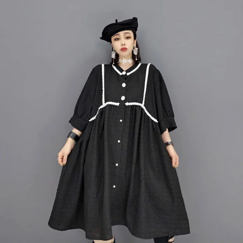 

XITAO Buttons Patchwork Dress European Station 2021 Summer New Fashion Casual Personality Color Contrast Women Dress CLL1550