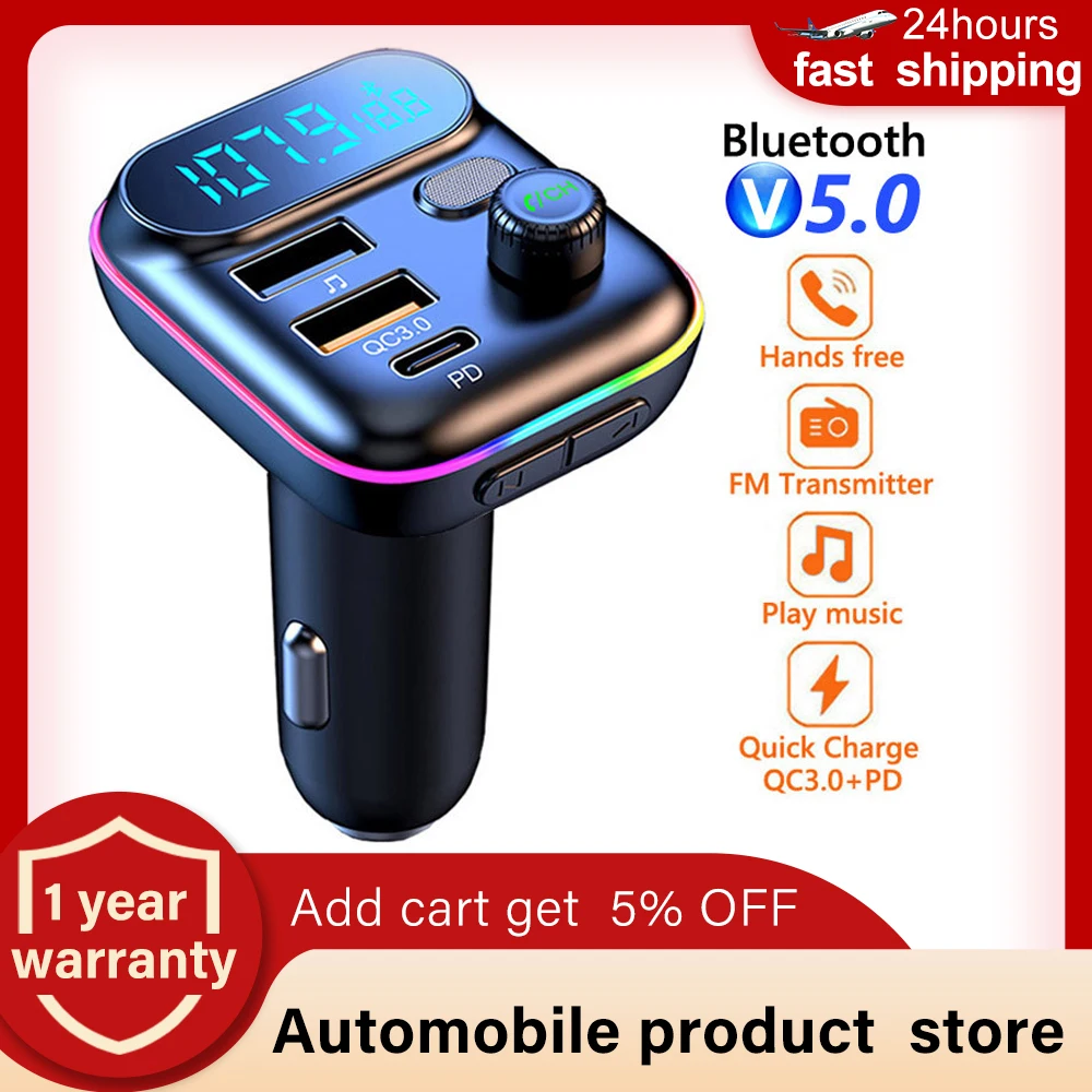 PD 18W Type C QC3.0 USB Charger Car Audio FM Modulator MP3 Player  Bluetooth 5.0 Cars Adapter Handsfree Wireless FM Transmitter