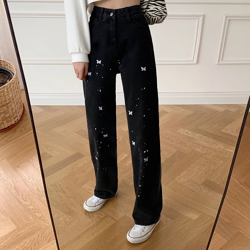 

SML 2021 Spring korean style women loose Butterfly embroidery denim jeans womens high waist straight jeans for women(F9023)