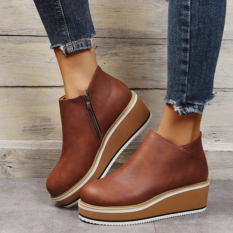 

Autumn Winter New Soild Color Short Ankle Boots Plus Size Wedge Heel Martin Boot Women's Thick Bottom Side Zipper Mujer Botas
