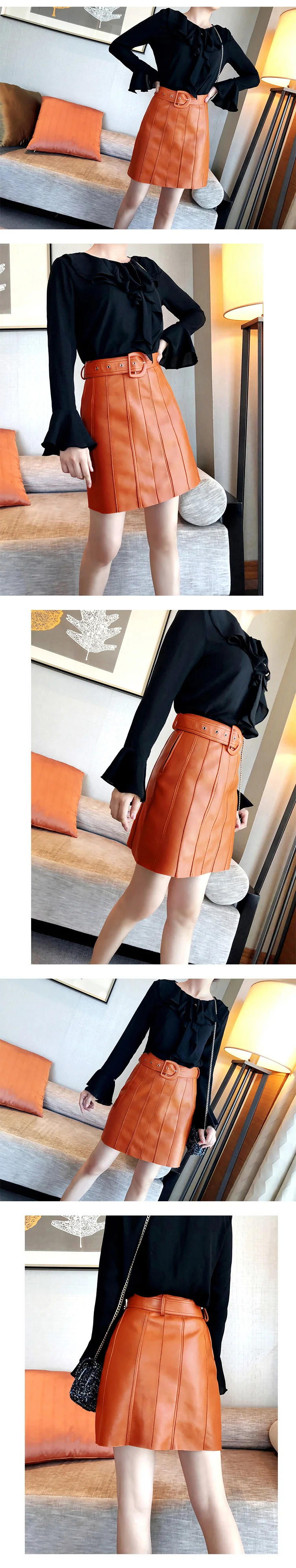 RYS9330 D letter Belt Stitching Genuine Leather A-line Women Mini Skirt Femme Casual Short Pleated Jupe Orange/Green Strip Saias
