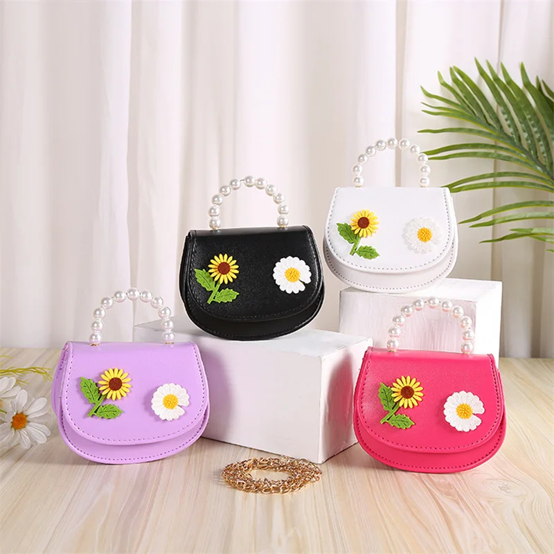 

Lightweight PU Leather Clutch With Pearl Handle Mini Purses Children's Handbags Kid Girls Crossbody Bags Floral Handbag