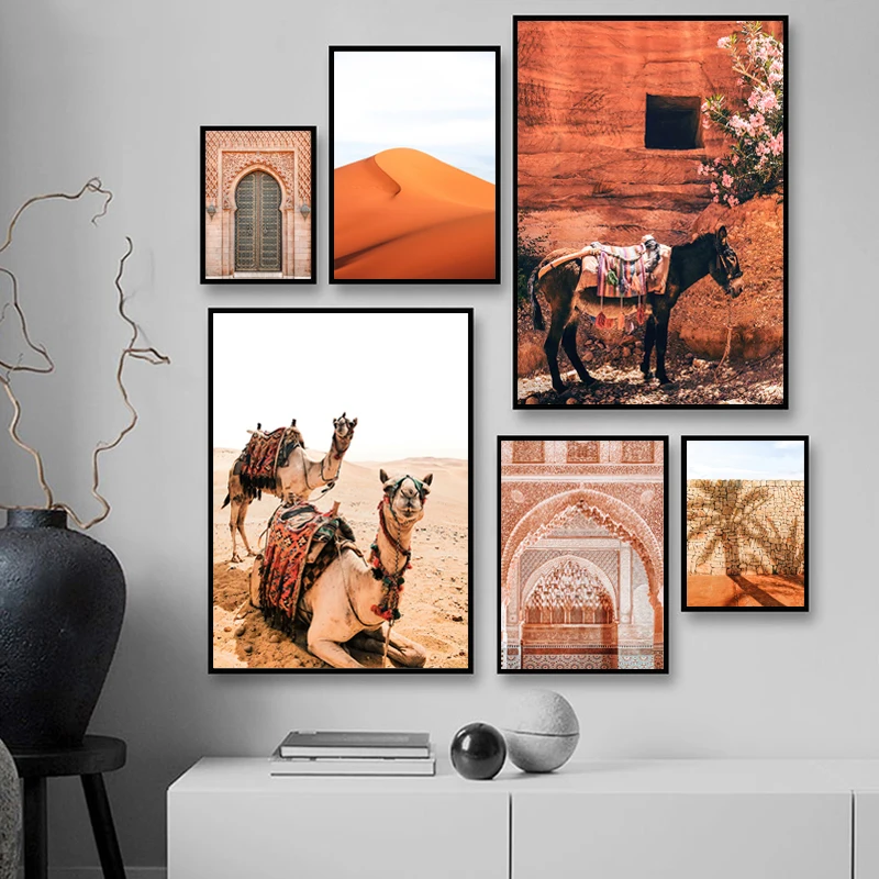 

Boho Landscape Desert Travel Wall Art Canvas Painting Camel Poster For Living Room Moroccan Wall Pictures Unframed