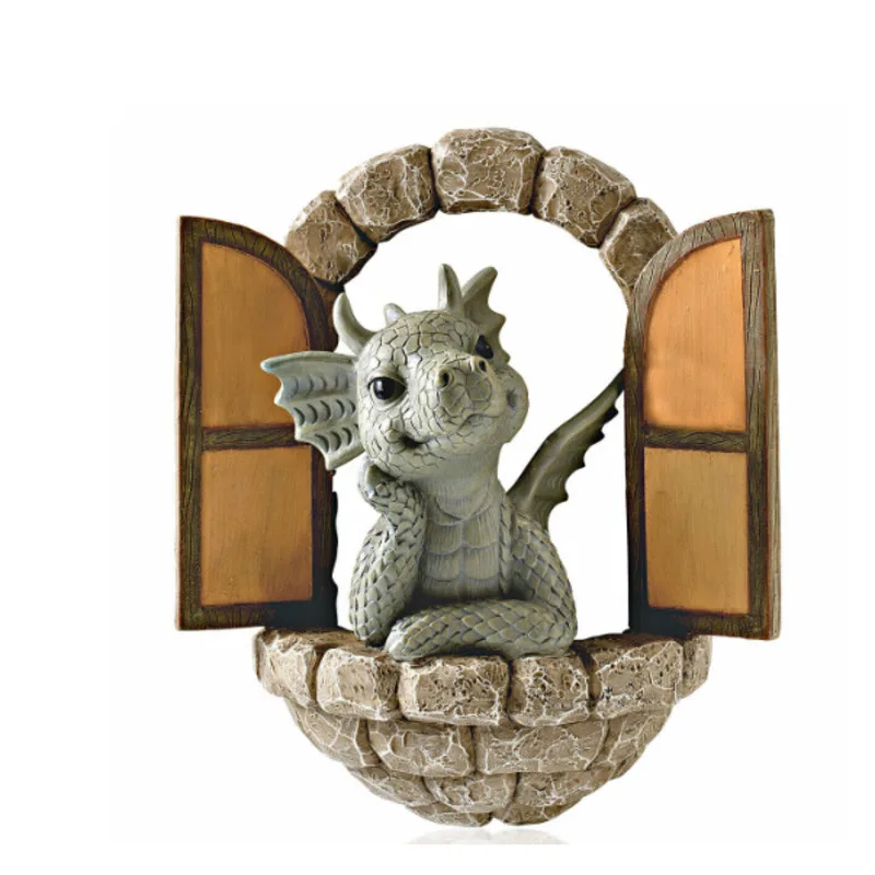 

2021 Lovely Courtyard Dragon Open Door Sculpture Resin Dinosaur Climb Window Shape Statue Home Outdoor Garden Decoration