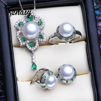 fenasy 925 sterling silver emerald jewelry sets natural pearl stud earrings bohemian pendant necklace women green stones ring