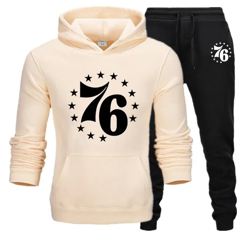 Khaki Black Спортивный костюм для мужчин, комплект из 2 предметов, 76 Звездный принт, мужская спортивная одежда, толстовки с капюшоном, Осень-зима, Брендовые мужские толстовки с капюшоном+ спортивные штаны, комплекты - Цвет: Khaki Black