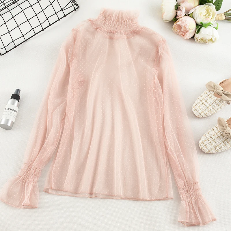 Women Blouse Shirts Новинка, женская рубашка с расклешенными рукавами в горошек, кружевной сеткой, марля, Базовая рубашка с оборками, винтажный эластичный свободный размер, вуаль, тюль, пуловер, блузка, Топ - Цвет: Women Blouse Shirts