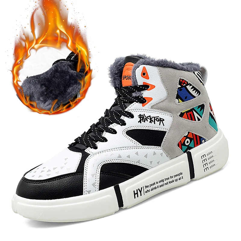 

High Top Graffiti Sneakers Women Warm Winter Plush Platform Shoes Chunky Sneakers Lover Shoes Woman Plus Size 33-44