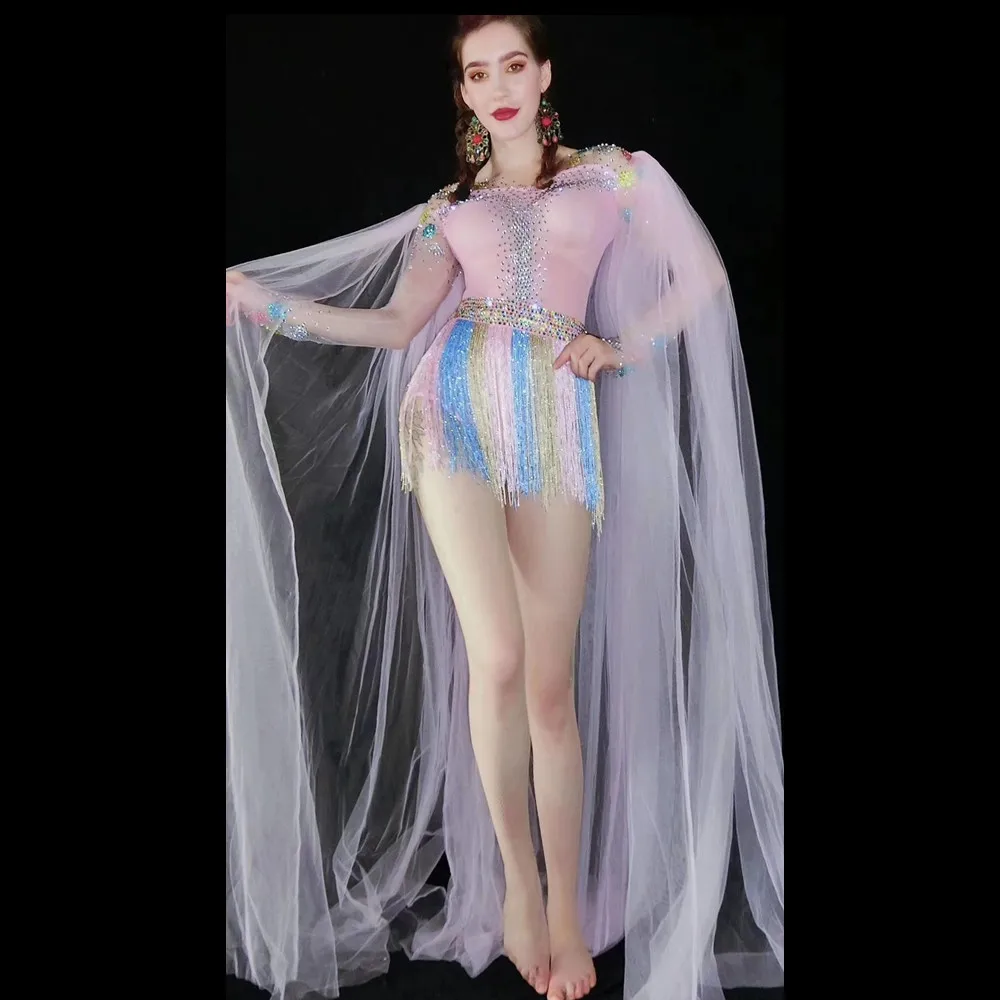 Fashion Mesh See Through Party Celebration Stage Performance Costumes Trailing Rhinestone Tassel Dancer Bodysuit Showgirl Outfit