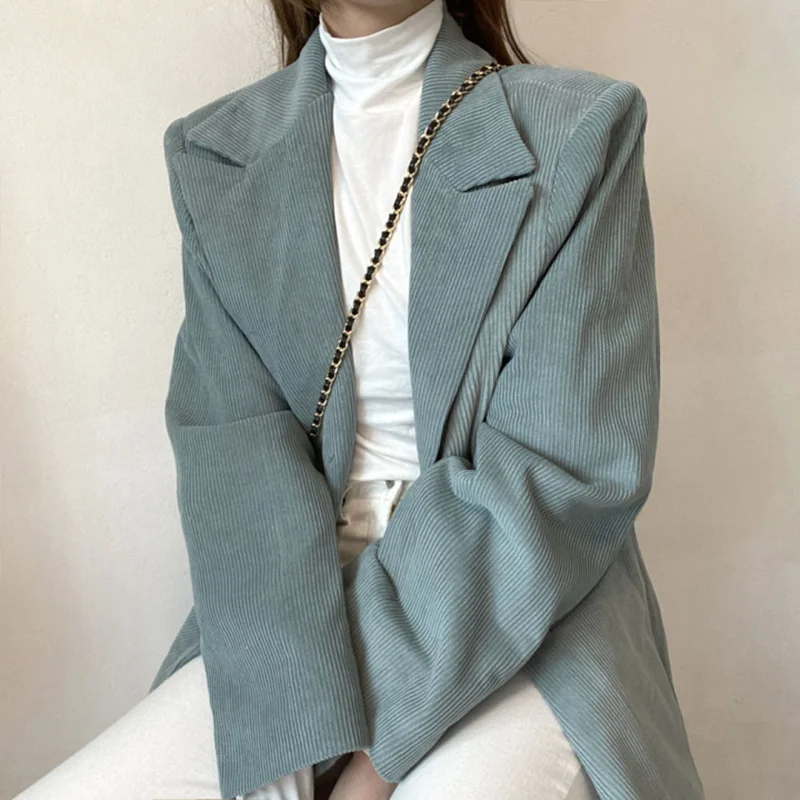 

Woman Jacket 2021 New Korea Fashion Retro Elegant Solid Lapel Two Button Design Loose Pocket Quilted Corduroy Add Cotton Blazer